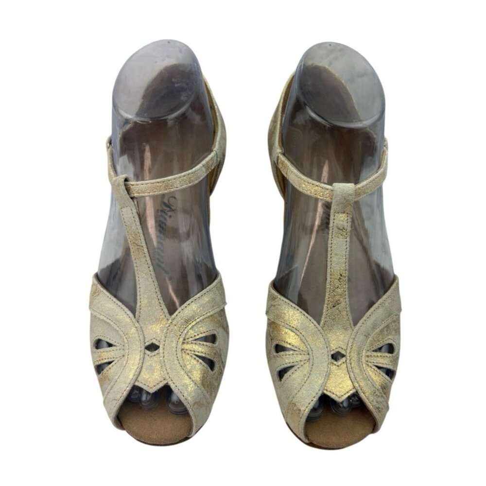 Diamant T-Strap Dance Shoes Girls Youth 3.5 Gold Metallic Leather Tango Salsa - Picture 2 of 16